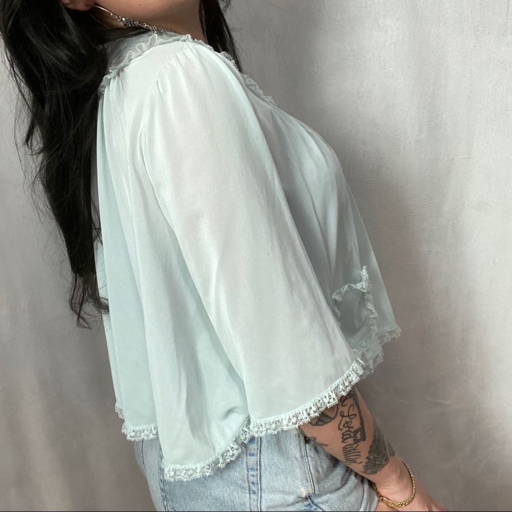 VINTAGE BABY BLUE NYLON EMBROIDERED BLOUSE - Picture 5 of 7
